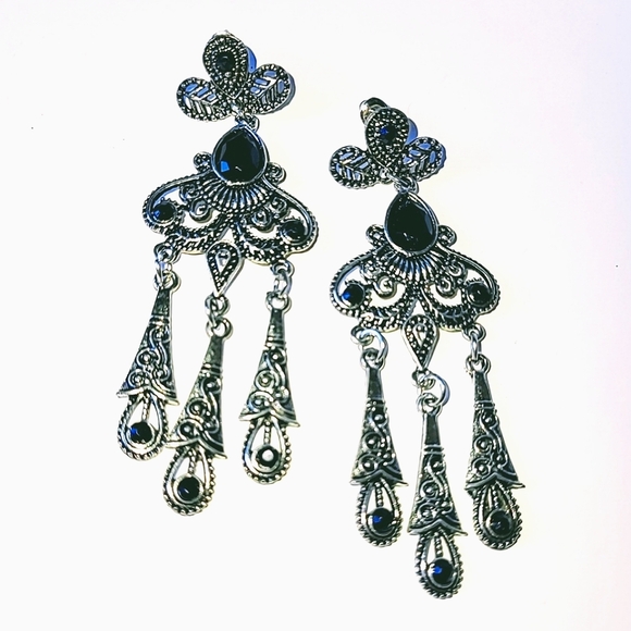 BLACK & SILVERTONE 3" LONG CHANDELIER STYLE EARRINGS - FOR PIERCED EARS - Picture 5 of 5